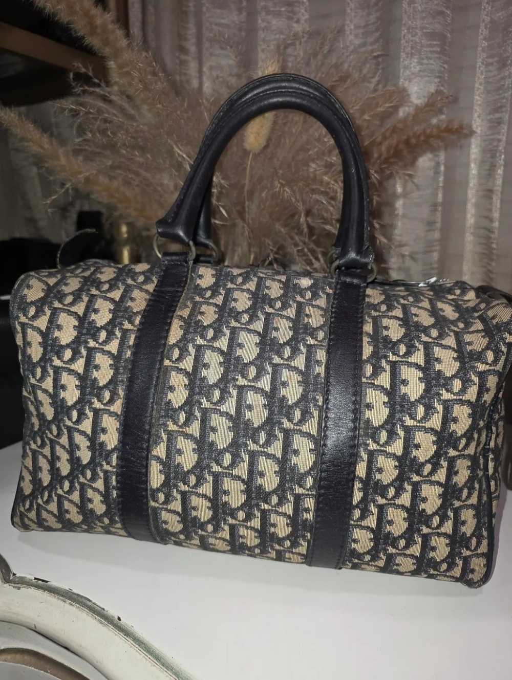 Authentic Christion Dior 30 Beige and Blue Monogram Boston Bag With COA